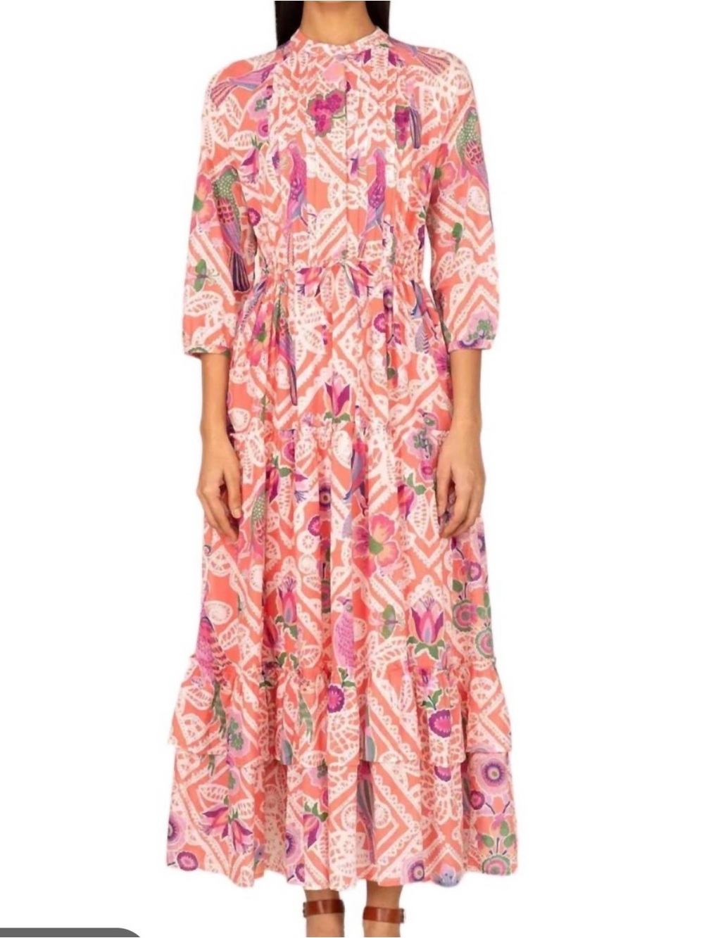 Banjanan Floral Tie-Waist Maxi Dress in Coral Pink